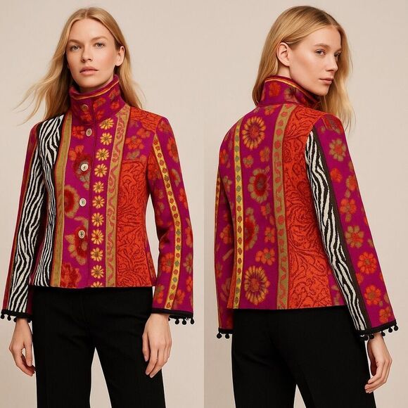 Azuleros NWT French Boho Jacquard Knit Jacket M Mix Print Flora Zebra Statement - Picture 10 of 16